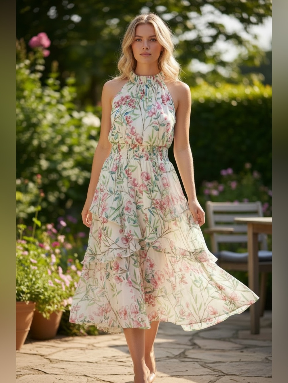 Eliza J Floral Halter Midi Dress in Ivory Pink Botanical Print, Size 8